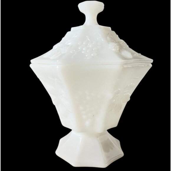 Vtg Milk Glass Lidded Candy Dish Embossed Grapes Leaves Smooth Glass Compote - Picture 2 of 13